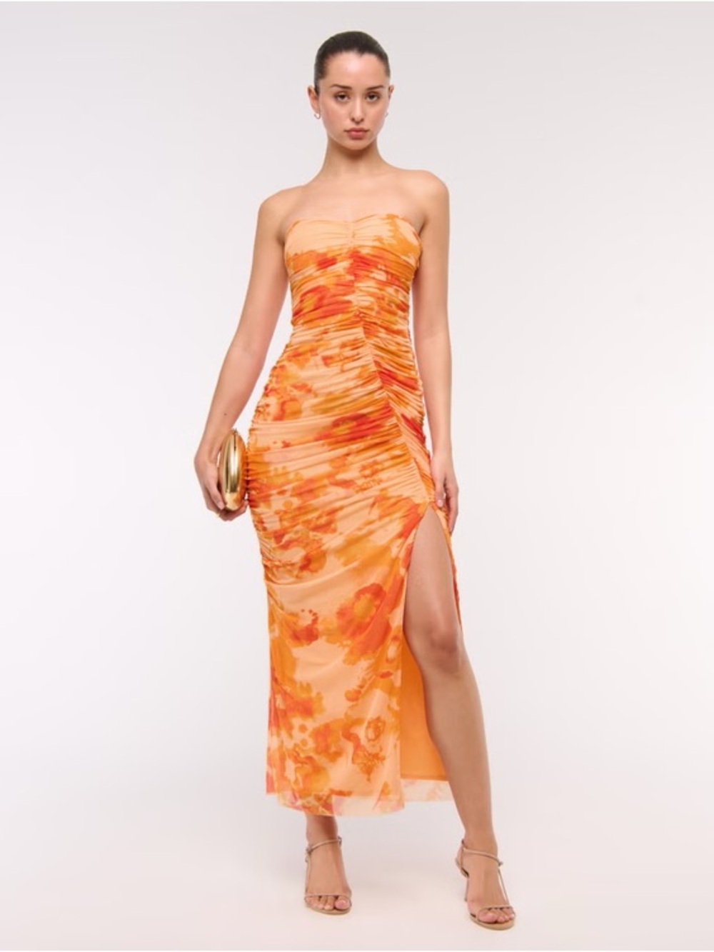 Mesh Strapless Ruched Maxi Dress